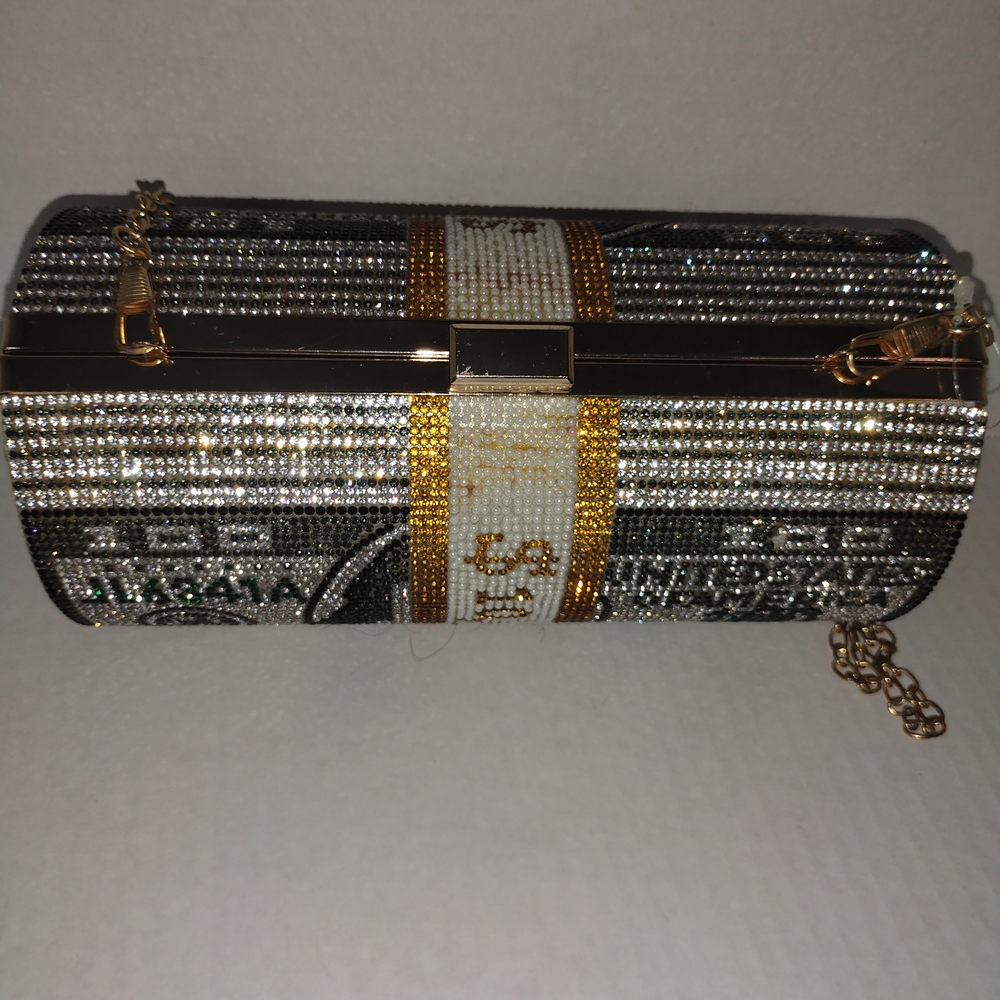 Gold and Silver Rhinestone 100 Dollar Bill Purse Crystal Money Clutch Bag - Picture 2 of 3